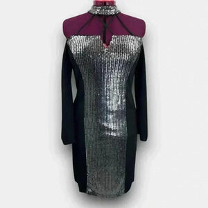 Venus Women's Bodycon Dress L Black Silver Off Shoulder Sequined Long Sleeve